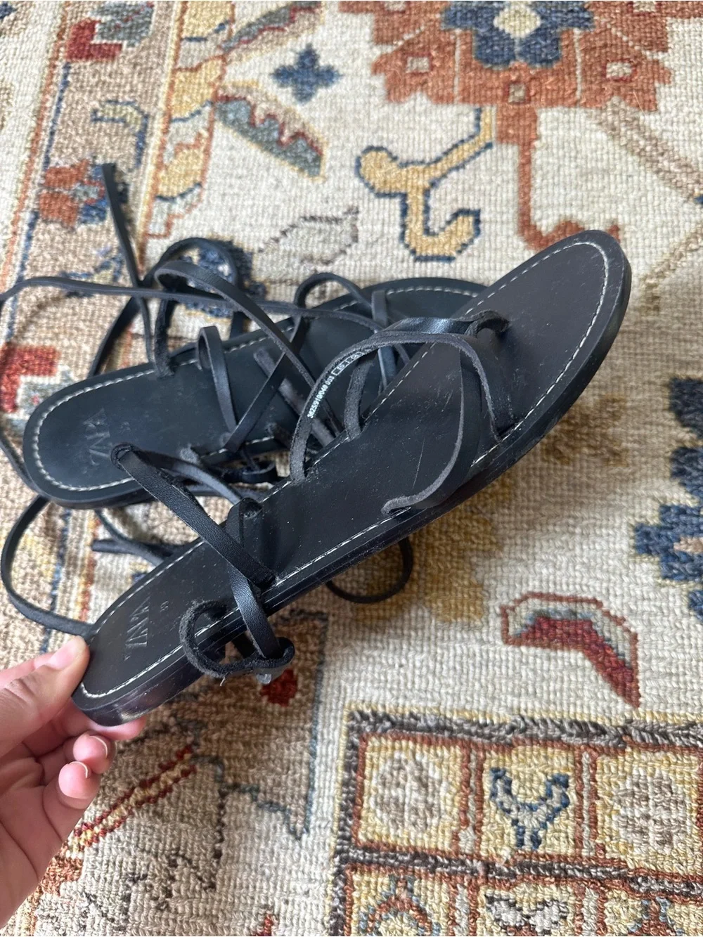 Zara Black Leather Lace Up Wrap Sandals sz 39 - Picture 4 of 6
